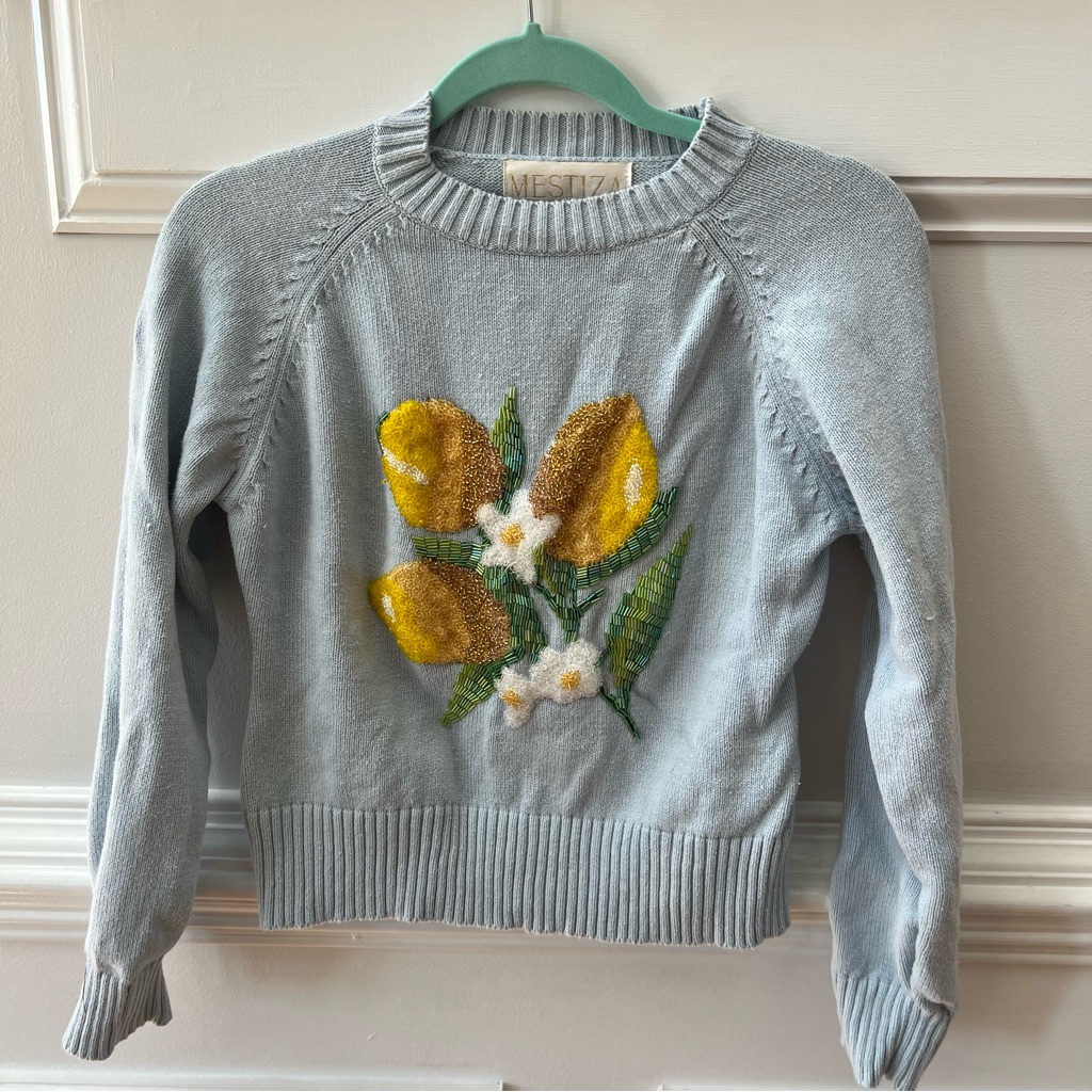 Misty Light Blue Crewneck Sweater With Yellow Floral Appliqu